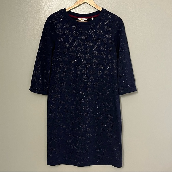 Boden Hannah Navy Silver Metallic Leaf Print Sweatshirt Dress Womens Size 6R - Picture 10 of 13